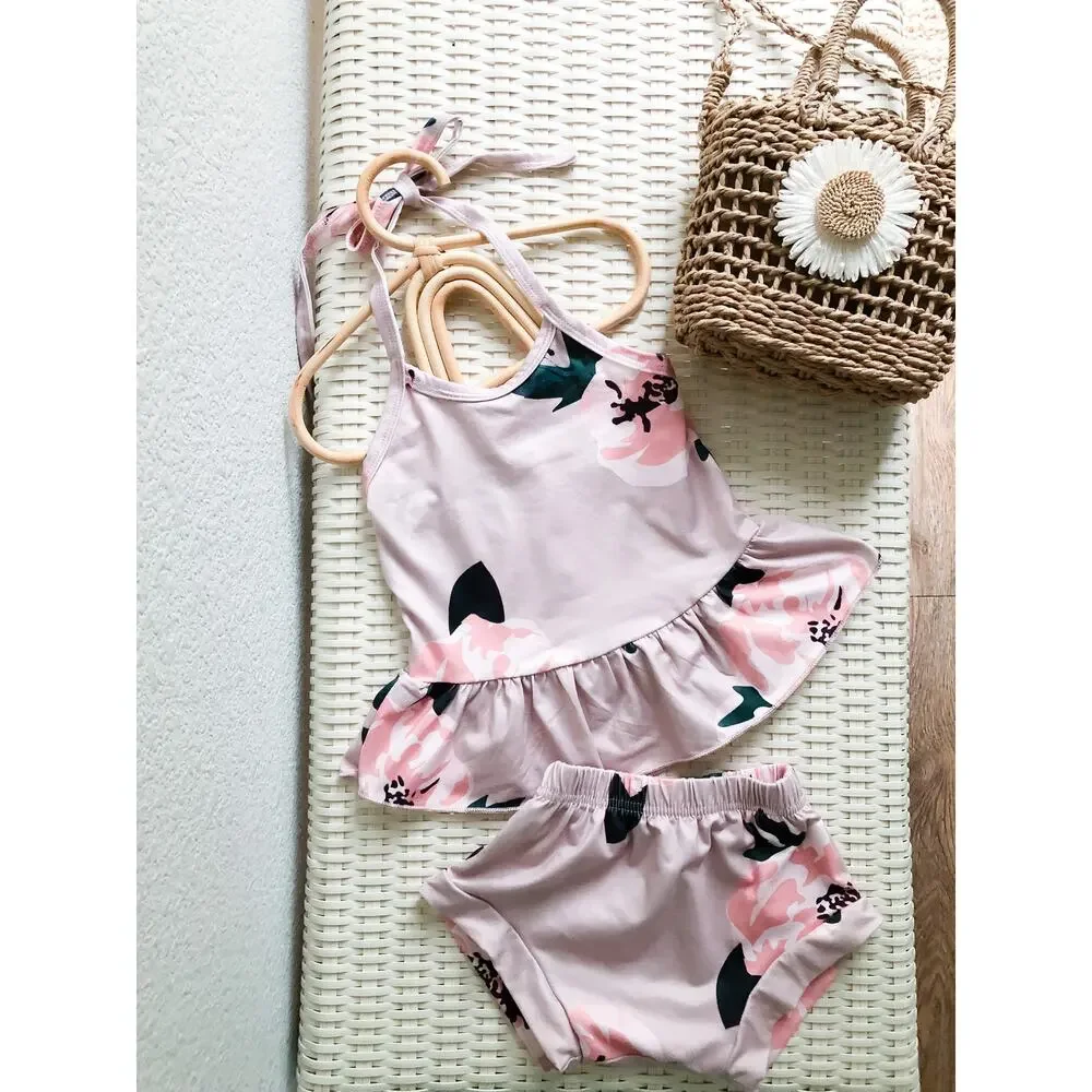 New 2pc Mauve Floral Print Soft Peplum Halter Set 2T